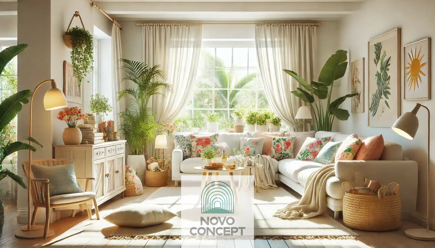 A bright, cozy living room designed for summer, featuring light, airy colors, comfortable furniture, and vibrant, tropical accents.