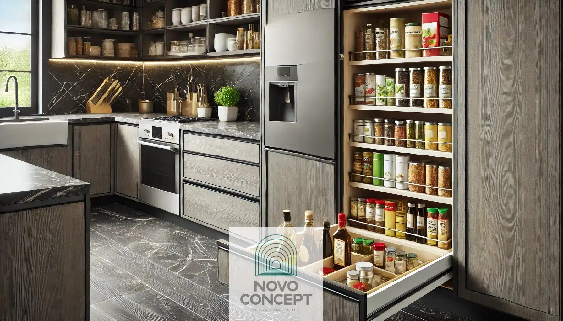 A modern kitchen featuring a pull-out pantry fully extended, showing neatly organized spices, cooking oils, and canned goods.