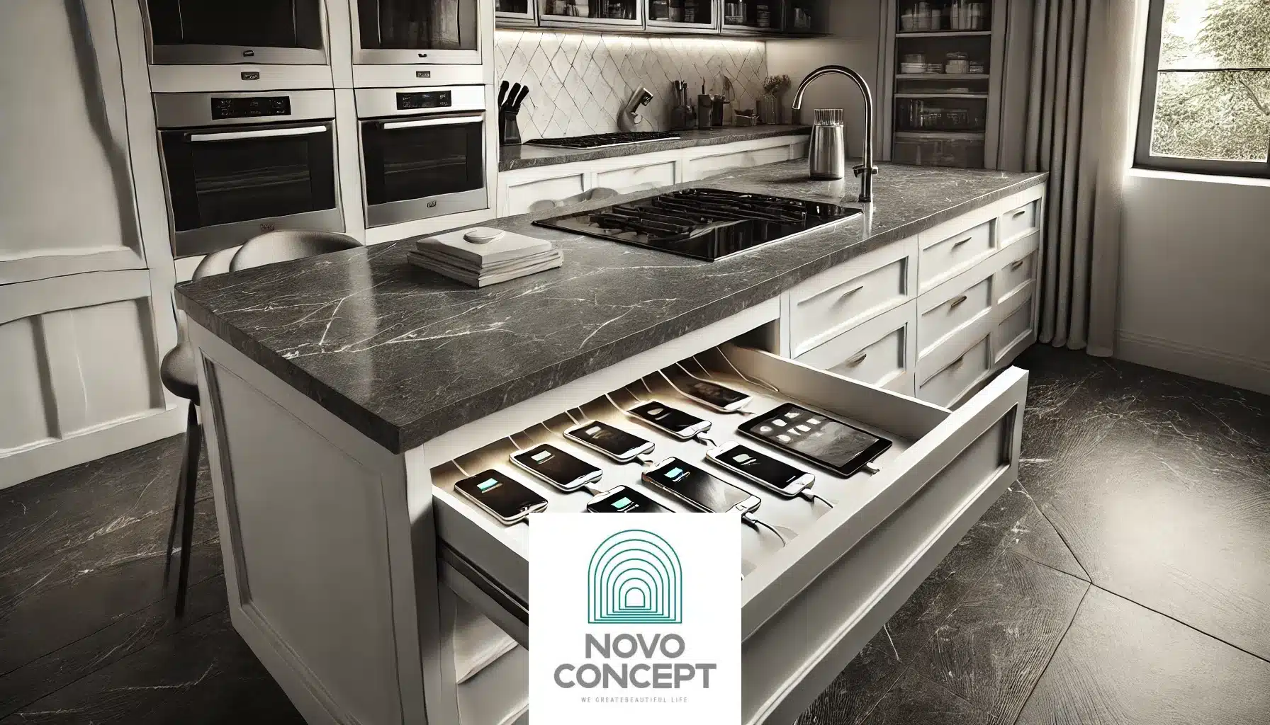  A contemporary kitchen with a charging station integrated into a drawer. The drawer is open, revealing neatly arranged smartphones and tablets chargin.