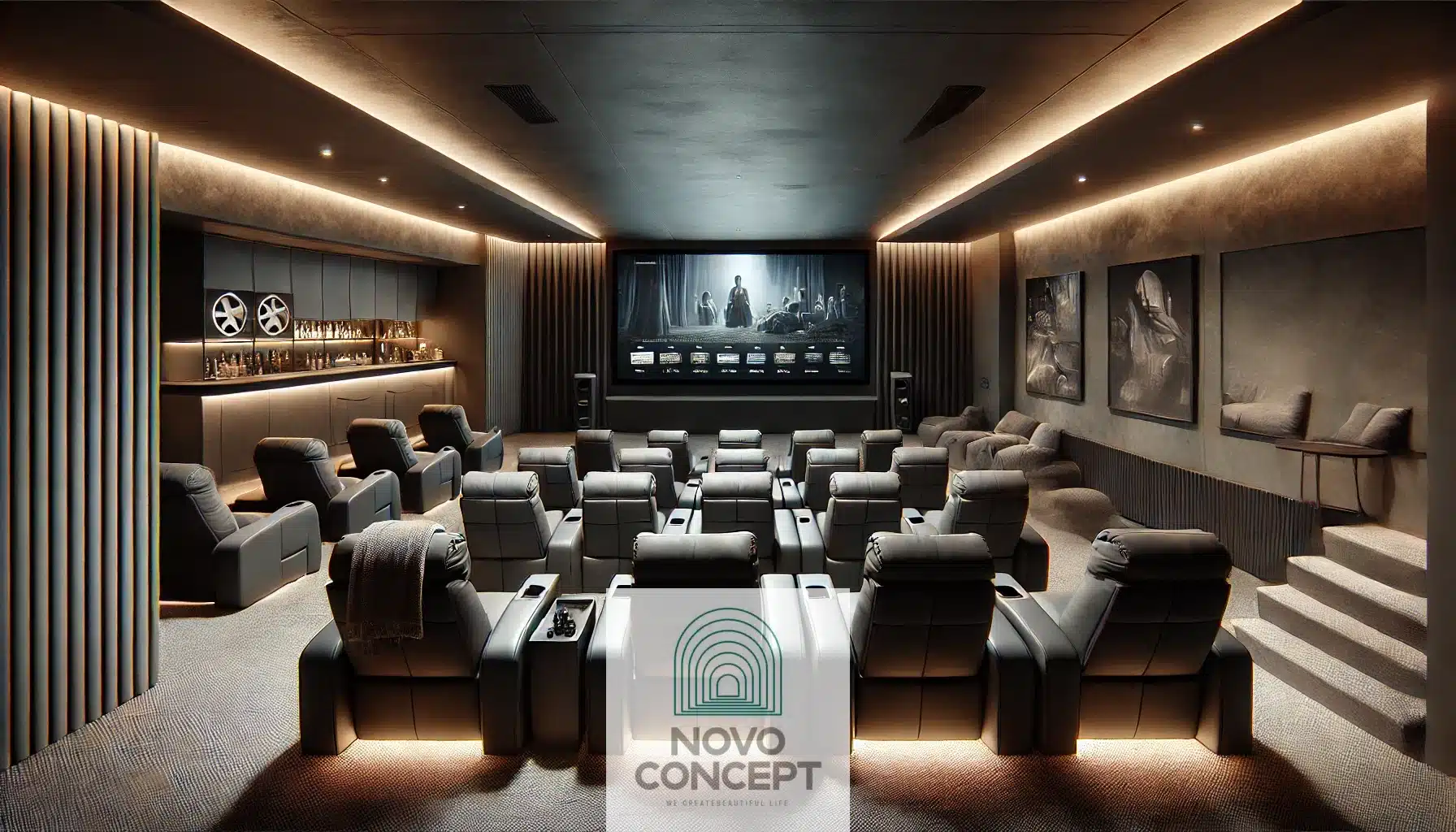 A modern basement transformation featuring a stylish home theater setup. The space includes a large projector screen, comfortable recliner chairs