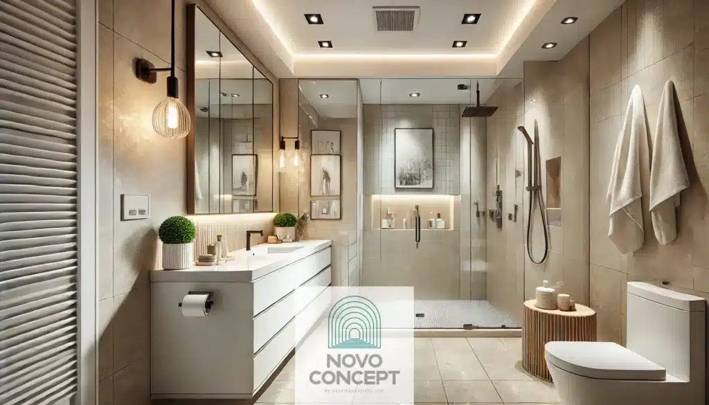 A modern, luxurious bathroom designed for resale appeal. It features a sleek vanity with quartz countertops, a walk-in shower with frameless glass