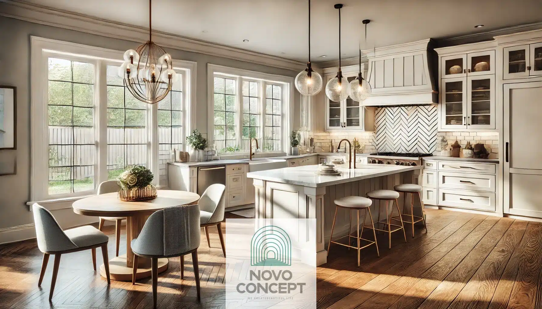 A stylish kitchen with a focus on functionality, featuring a spacious island with pendant lighting, modern quartz countertops, and an elegant subway